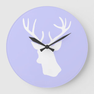 Weiße Rotwild-Kopf-Silhouette - lila Große Wanduhr
