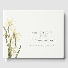 Weiße Rustikale Daffodil Floral Wasserfarbe Hochze Gästebuch