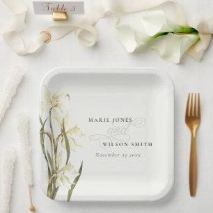 Weiße Rustikale Daffodil Floral Wasserfarbe Hochze Pappteller