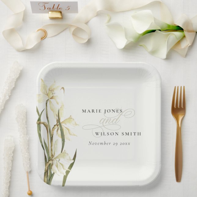 Weiße Rustikale Daffodil Floral Wasserfarbe Hochze Pappteller (Hochzeit)