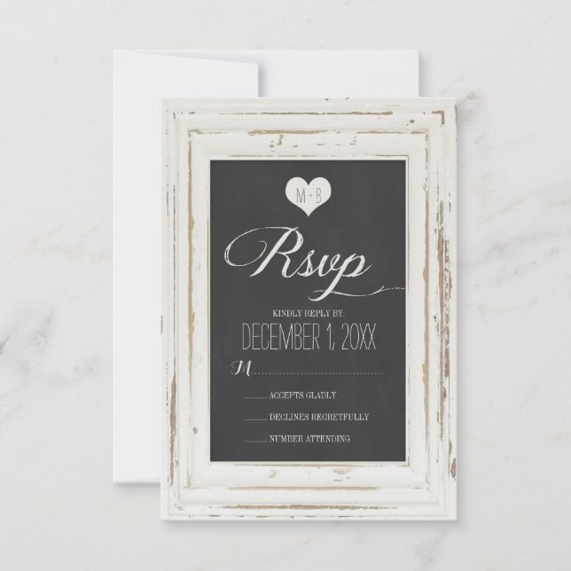 Weiße Rustikale Rahmen-Chalk-Hochzeitkarte RSVP Karte (Vorderseite)