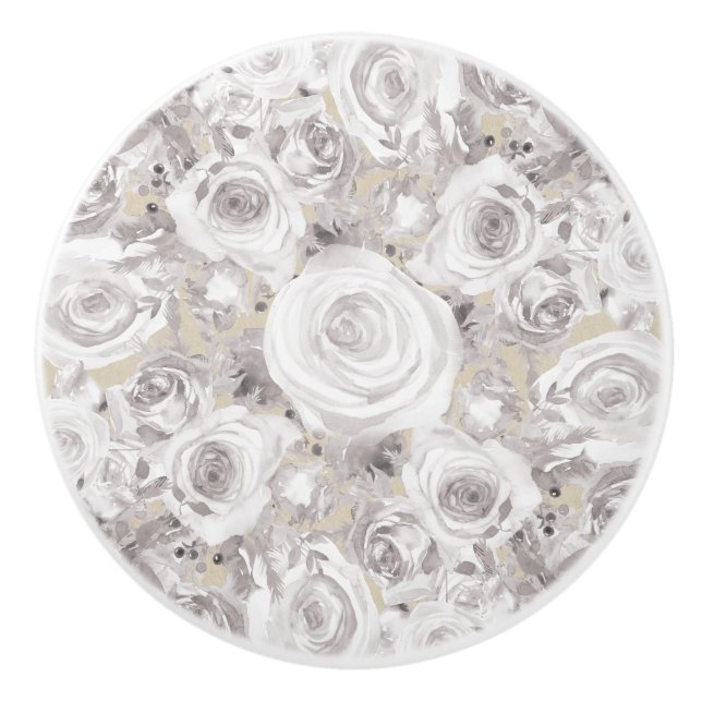 Weiße rustikale Winter-Rose Shabby Chic Kraft Keramikknauf (Vorderseite)