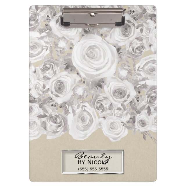 Weiße rustikale Winter-Rose Shabby Chic Kraft Klemmbrett (Vorderseite)