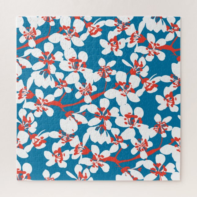 Weiße Sakura, klassisch blaues Hintergrundmuster. (Vertikal)