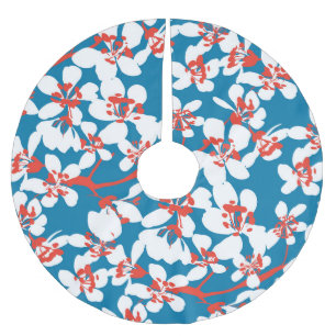Weiße Sakura, klassisch blaues Hintergrundmuster. Polyester Weihnachtsbaumdecke