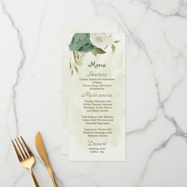 Weiße Salbei-Blume-Hochzeit Menükarte (Vorderseite/Rückseite Beispiel)