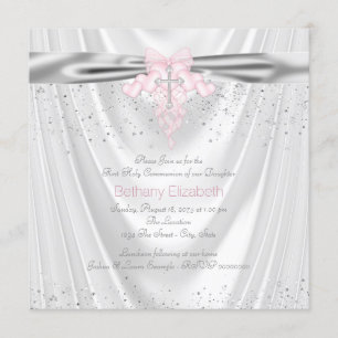 Weiße Satin Glitter Rosa Kreuz Erste Kommunion Einladung