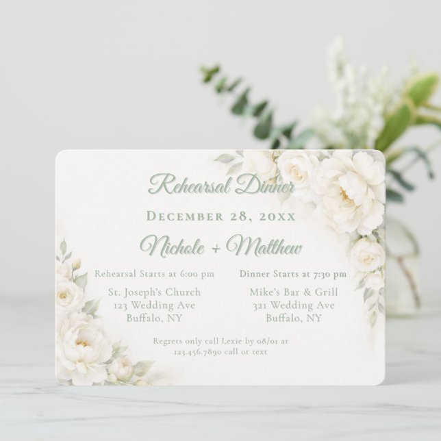 Weiße Satin Rosen Hochzeitsprobe Abendessen Einladung (Stehend Vorderseite)