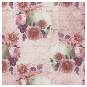 Weiße Schädel, rosa Rosen und Cursive Stoff