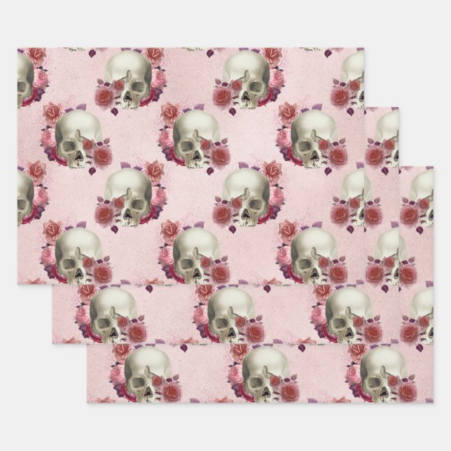 Weiße Schädel und rosa Blüten Geschenkpapier Set (Set)