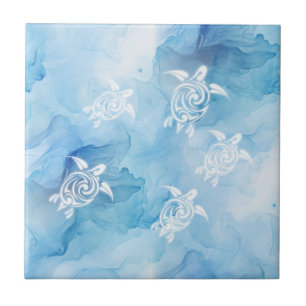 Weiße Schildkröten Blau  Aquarell Küstenstil Fliese