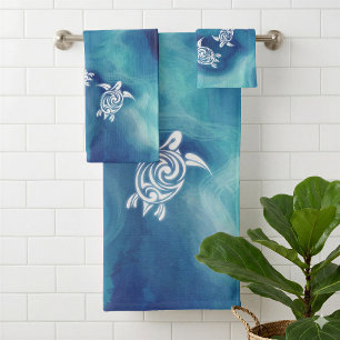 Weiße Schildkröten in Blauem Ozean Aquarell Küste Badhandtuch Set