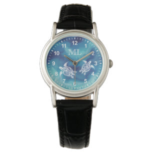 Weiße Schildkröten in blauem Ozean Aquarell-Monogr Armbanduhr