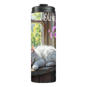 Weiße schlafende Katze und lila Blumen Personalisi Thermosbecher