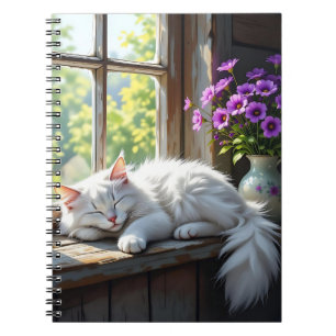 Weiße schlafende Katze und violette Blumen Notizblock