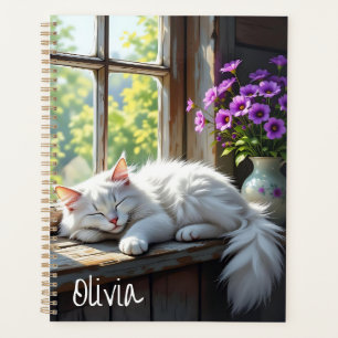 Weiße schlafende Katze und violette Blumen Persona Planer