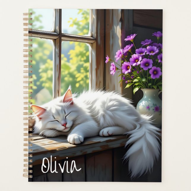 Weiße schlafende Katze und violette Blumen Persona Planer (Vorderseite)