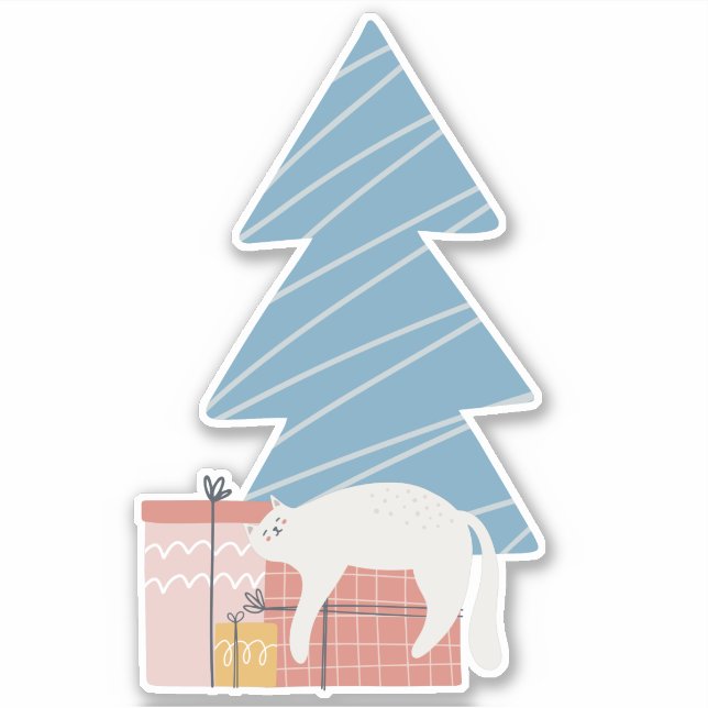 Weiße schlaflose Katze auf Geschenken unter Weihna Aufkleber (Vorderseite)