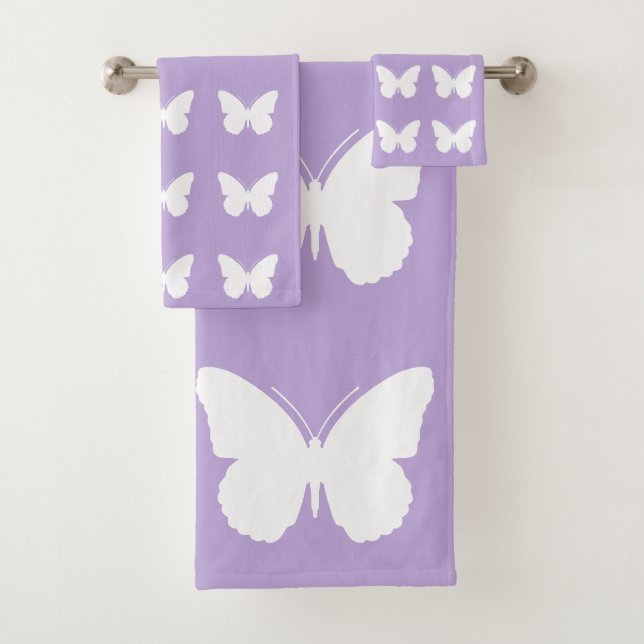 Weiße Schmetterlinge auf Hütten-Lavendel Badhandtuch Set (Insitu)