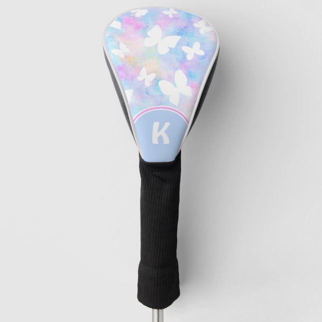 Weiße Schmetterlinge mit blauen und rosa Blume Golf Headcover (Vorderseite)