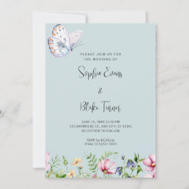 Weiße Schmetterlinge und Wildblumen Grüne Hochzeit Einladung