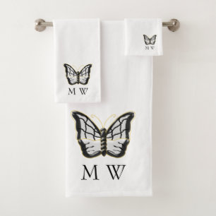 Weiße Schmetterlingsdesign-Monogramm Badhandtuch Set
