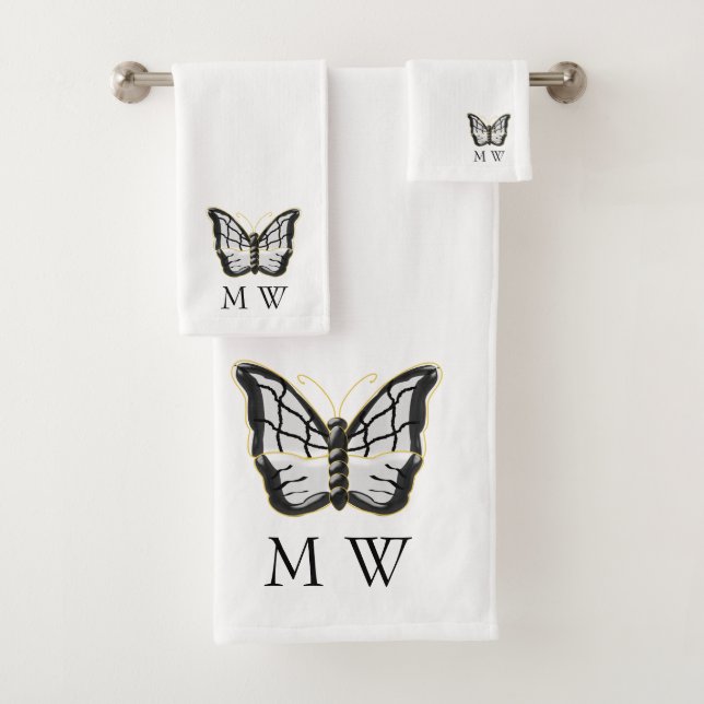Weiße Schmetterlingsdesign-Monogramm Badhandtuch Set (Insitu)