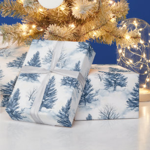 Weiße Schnee Blaue Weihnachtsbäume Geschenkpapier