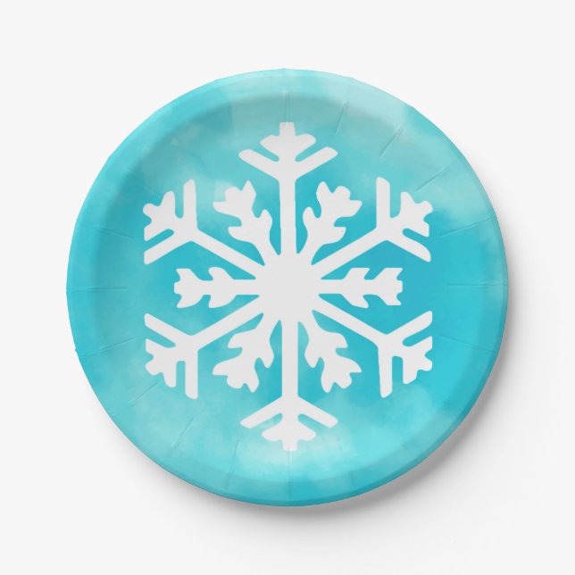 Weiße Schneeflocke auf Blue Watercolor Hintergrund Pappteller (Vorderseite)