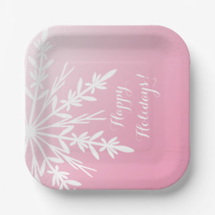 Weiße Schneeflocke auf Pink Happy Holidays Pappteller