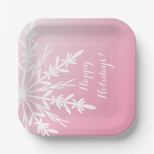 Weiße Schneeflocke auf Pink Happy Holidays Pappteller (Vorderseite)
