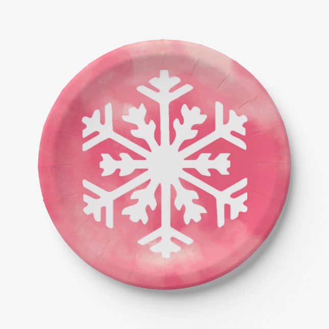 Weiße Schneeflocke auf rosa Aquarellfarbe Hintergr Pappteller (Vorderseite)