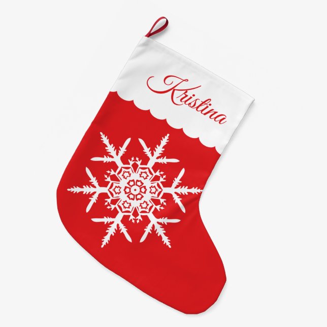 Weiße Schneeflocke auf rotem mit Monogramm Großer Weihnachtsstrumpf (Vorderansicht (hängend))