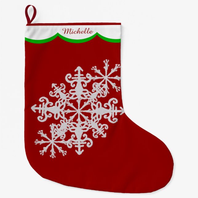 Weiße Schneeflocke auf rotem personalisiertem Großer Weihnachtsstrumpf (Vorderseite)