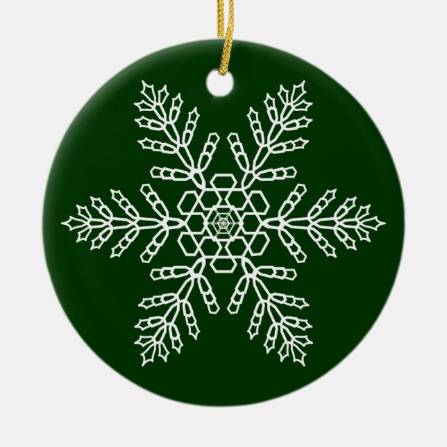 Weiße Schneeflocke im grünen Hintergrund Keramik Ornament (Vorne)