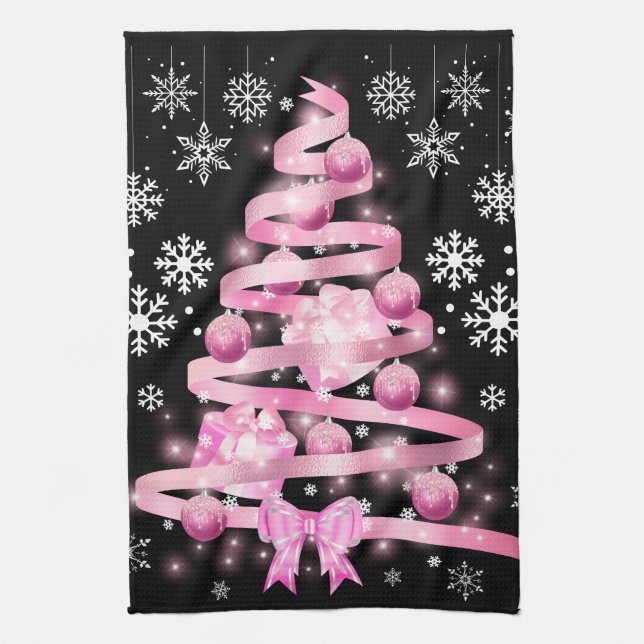 Weiße Schneeflocke Light Pink Ribbon Weihnachtsbau Geschirrtuch (Vertikal)