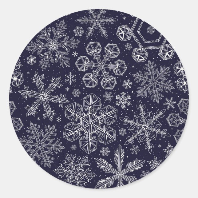 Weiße Schneeflocken auf blau Runder Aufkleber (Vorderseite)