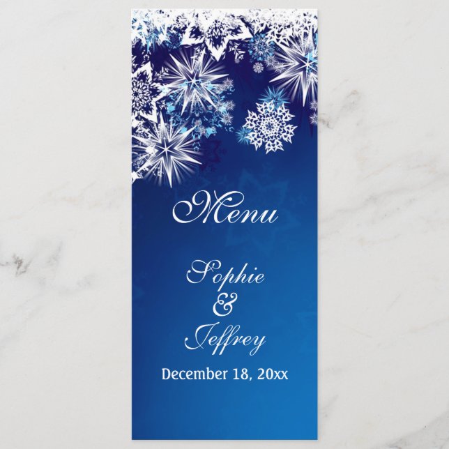 Weiße Schneeflocken auf blauem Weihnachtsmenü Menükarte (Vorderseite)
