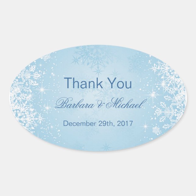 Weiße Schneeflocken auf blauen Hochzeiten Danke St Ovaler Aufkleber (Vorderseite)
