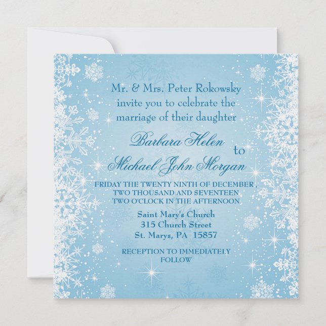 Weiße Schneeflocken auf blauen Hochzeitsempfang Einladung (Vorderseite)