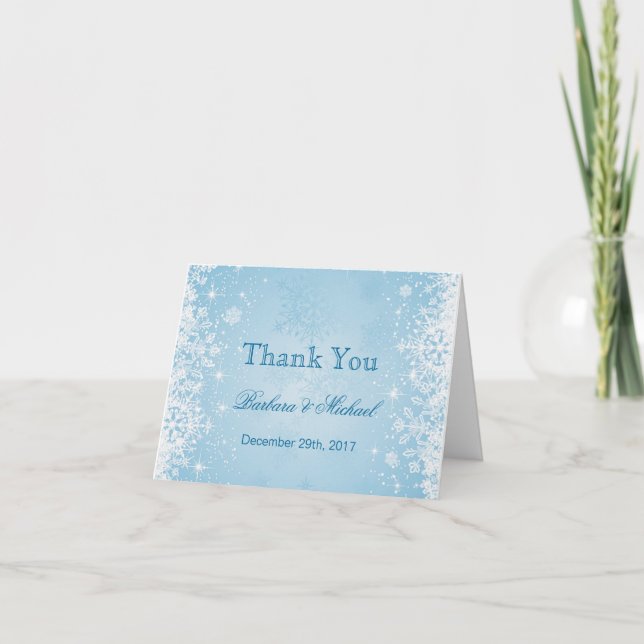 Weiße Schneeflocken auf blauer Hochzeit danken Dankeskarte (Vorderseite)