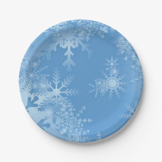Weiße Schneeflocken auf dem blauen Weihnachtsfest  Pappteller (Vorderseite)