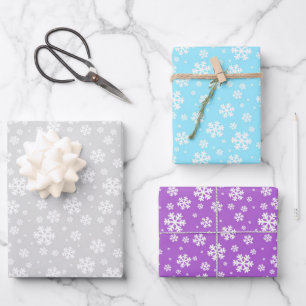 Weiße Schneeflocken auf Silber, Blau und Lila Geschenkpapier Set