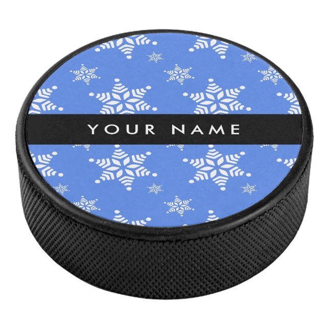Weiße Schneeflocken, Blau, Ihr Name, Personalisier Eishockey Puck (3/4)