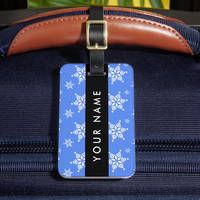 Weiße Schneeflocken, Blau, Ihr Name, Personalisier Gepäckanhänger (Vorderseite Insitu 2)