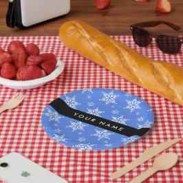 Weiße Schneeflocken, Blau, Ihr Name, Personalisier Pappteller