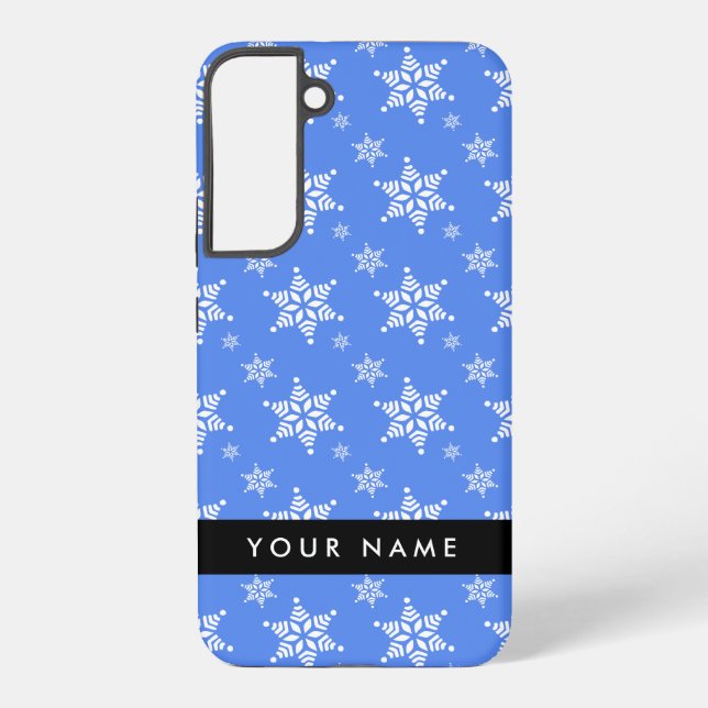Weiße Schneeflocken, Blau, Ihr Name, Personalisier Samsung Galaxy Hülle (Rückseite)