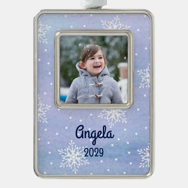 Weiße Schneeflocken Dots Name Jahr Foto Rahmen-Ornament Silber (Vorderseite)