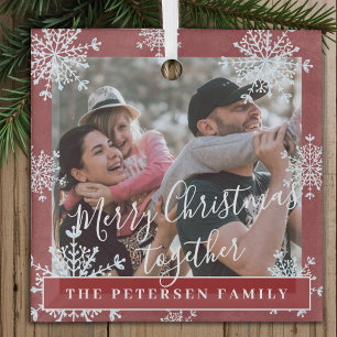 Weiße Schneeflocken-Familienfoto personalisiert ro Ornament Aus Glas
