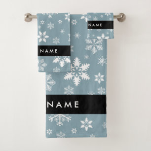 Weiße Schneeflocken, Grau, Ihr Name, Personalisier Badhandtuch Set